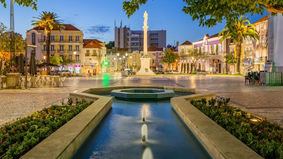 Pessoa em pé numa praça com palmeira e coluna monumental.