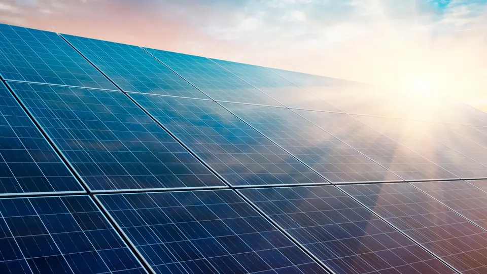 Solar panels angled toward sky at sunset.