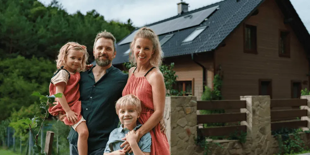 Family of four standing in front of house with solar panels on roof.