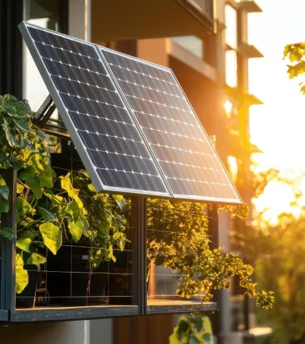 Panel solar montado en exterior de edificio al atardecer.