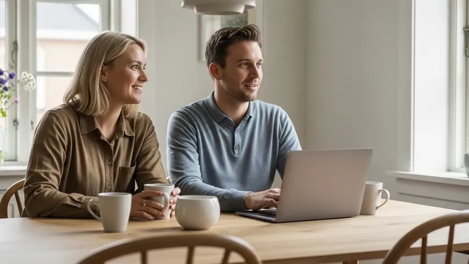 To personer ser på bærbar computer sammen ved bord.