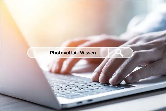 Person sucht auf dem Laptop nach „Photovoltaik Wissen" in einer Suchleiste