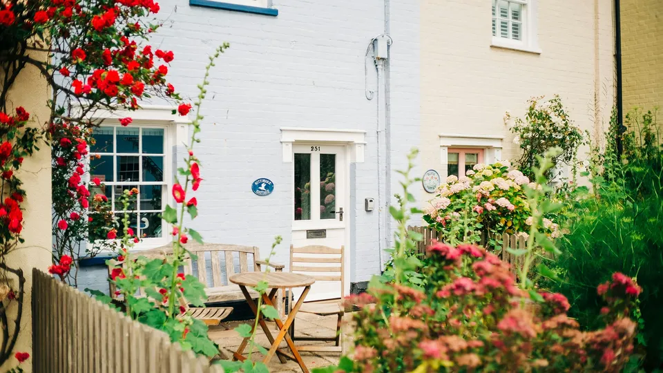 Cottage garden with red flowers and wooden seating area in County Offaly.