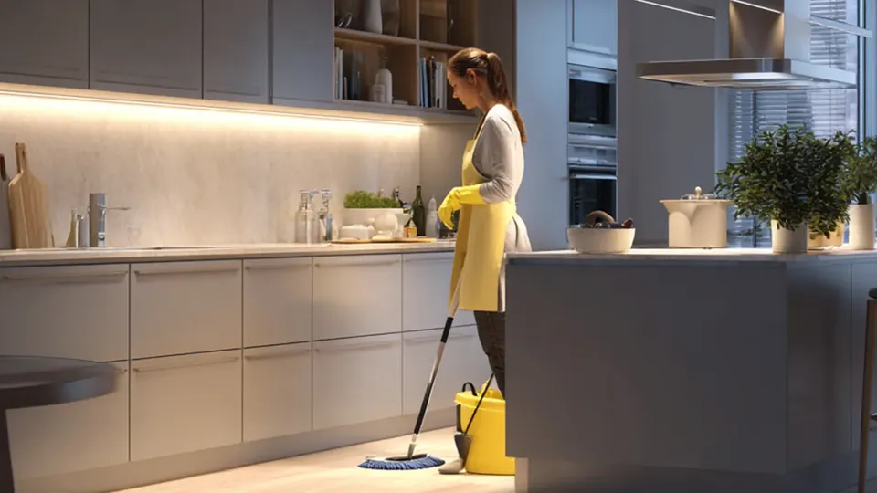 Kvinde rengører køkkengulv med gult moppe og spand.
