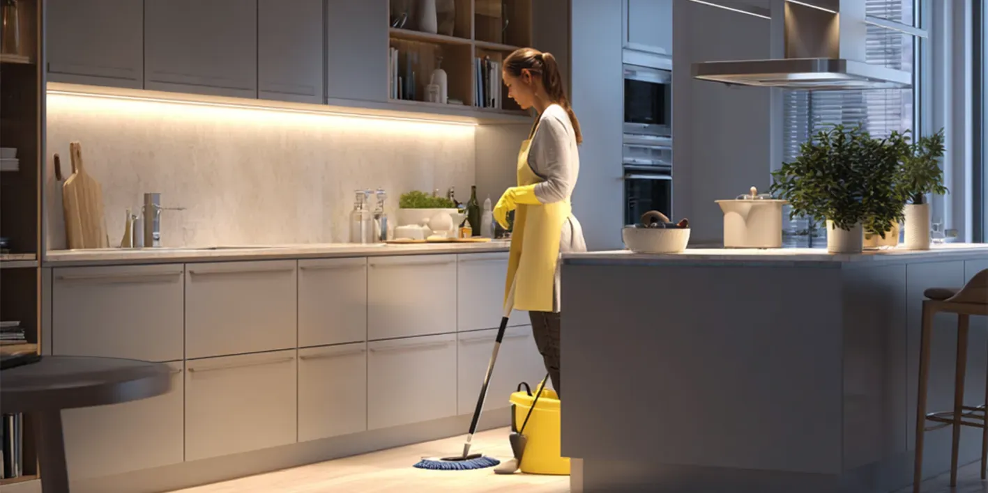 Kvinde rengører køkkengulv med gult moppe og spand.