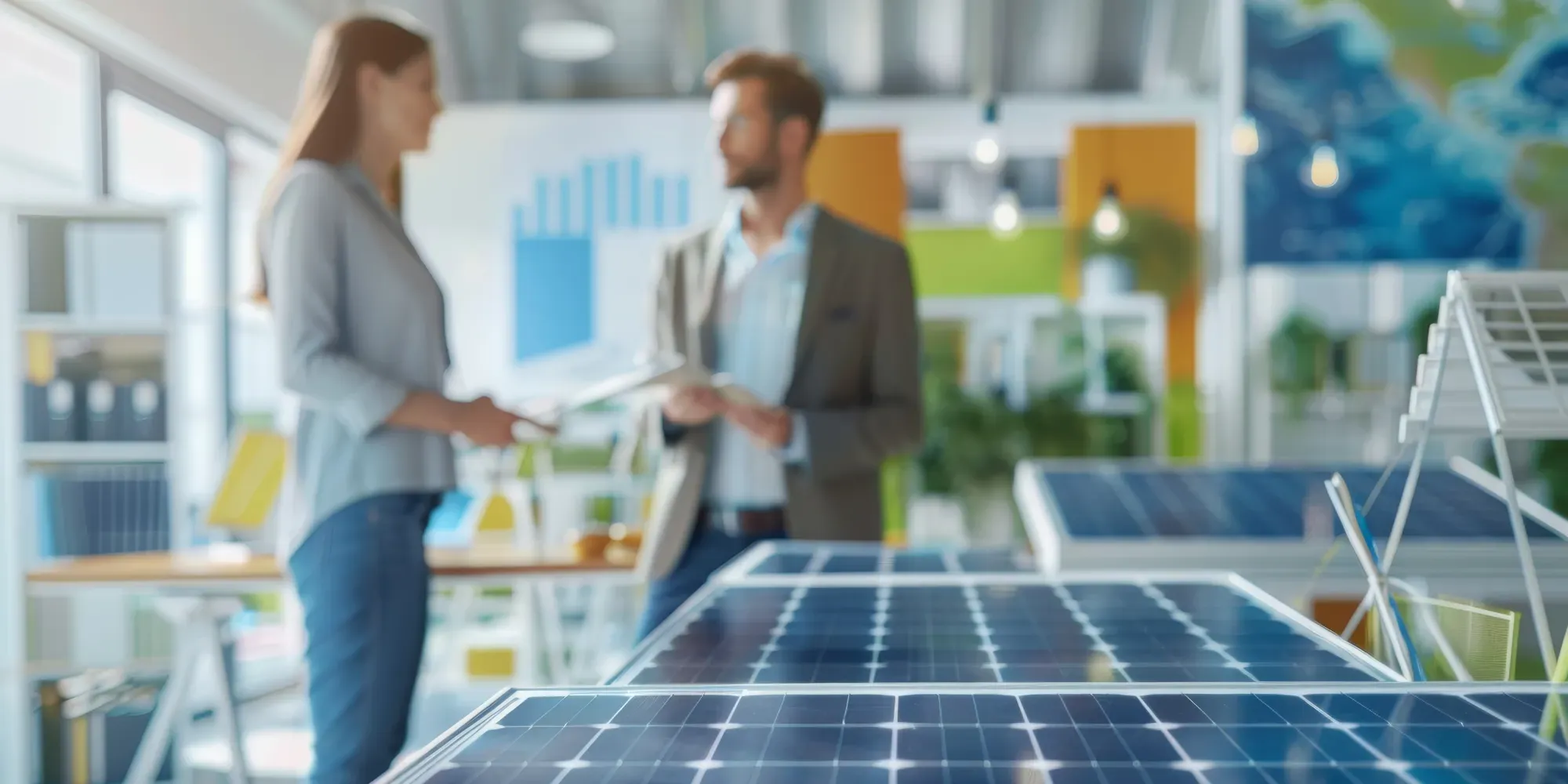 Dos profesionales discutiendo planes de instalación de paneles solares en una oficina.