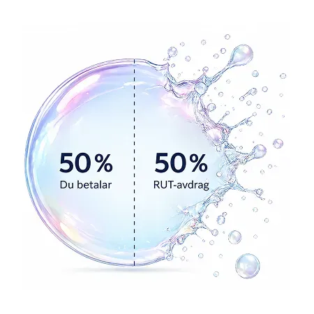 Illustration av en såpbubbla som visar att du betalar 50 procent av kostnaden medan RUT-avdraget täcker de resterande 50 procenten.