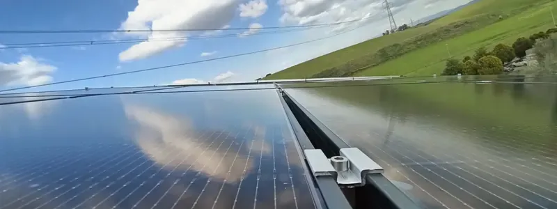 Primo piano di pannelli solari su un tetto che riflettono il cielo, con colline verdi sullo sfondo.
