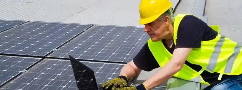 Un tecnico con casco giallo e gilet ad alta visibilità controlla un portatile accanto ai pannelli solari sul tetto.