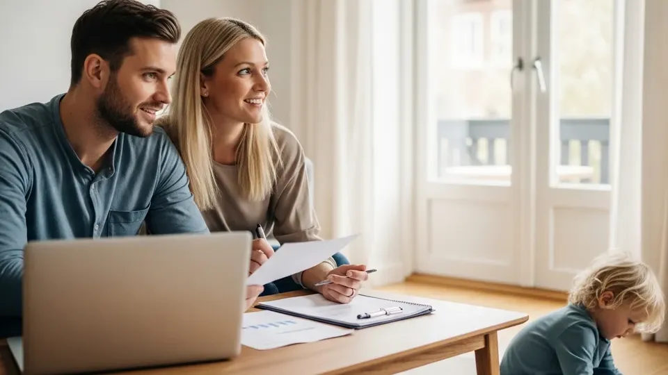 Par gennemgår dokumenter ved bærbar computer mens barn leger i nærheden.