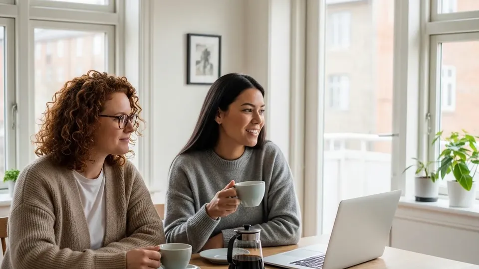 To kvinder drikker kaffe mens de ser på bærbar computer sammen.