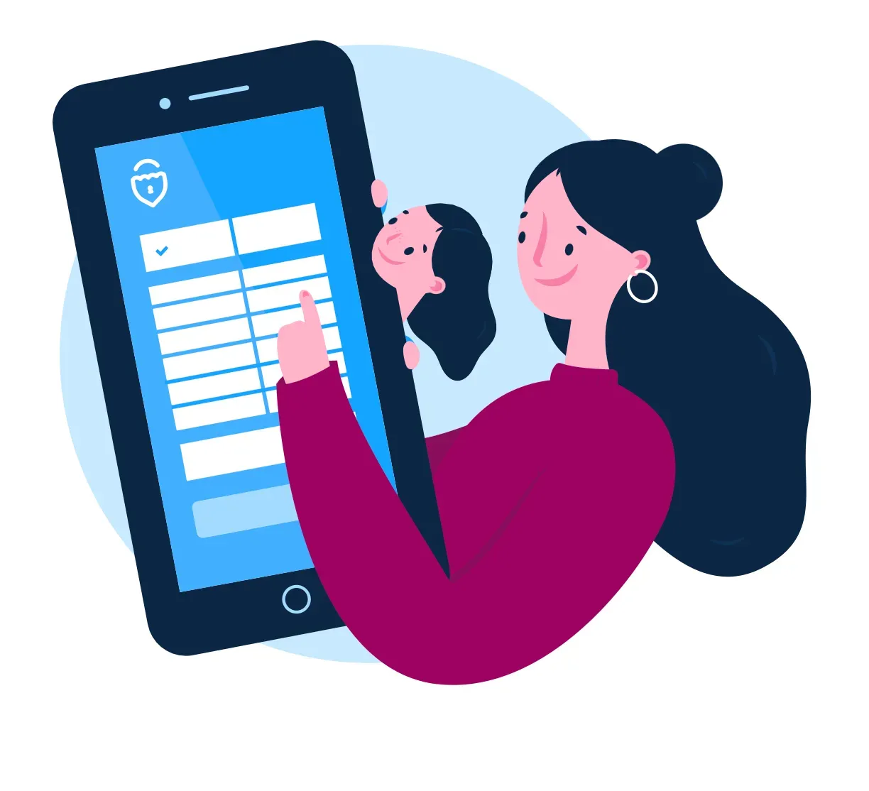Dos personas interactuando con un smartphone que muestra la interfaz de una aplicación de seguridad.