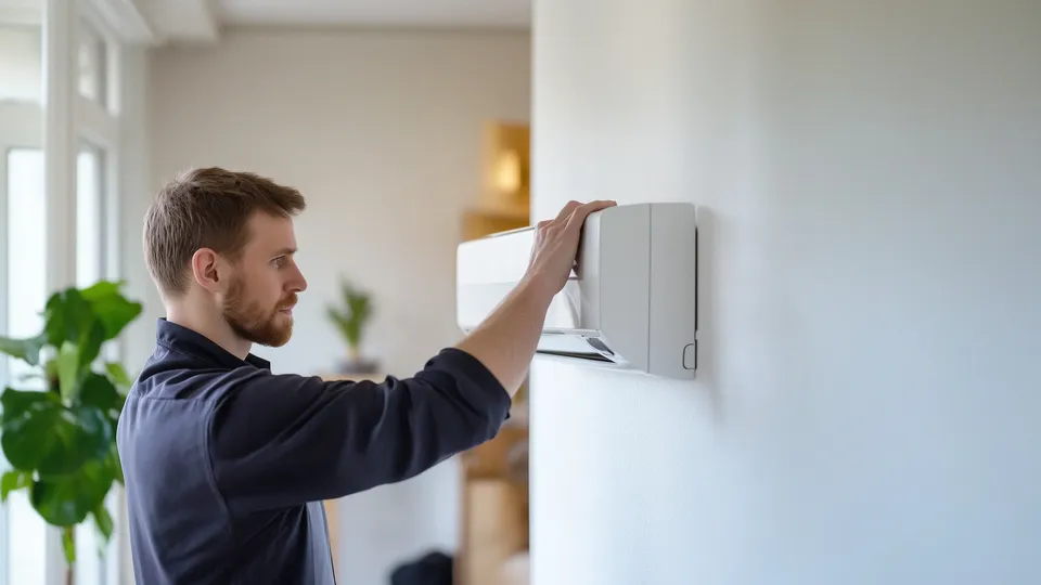 Mann gjør service på varmepumpe