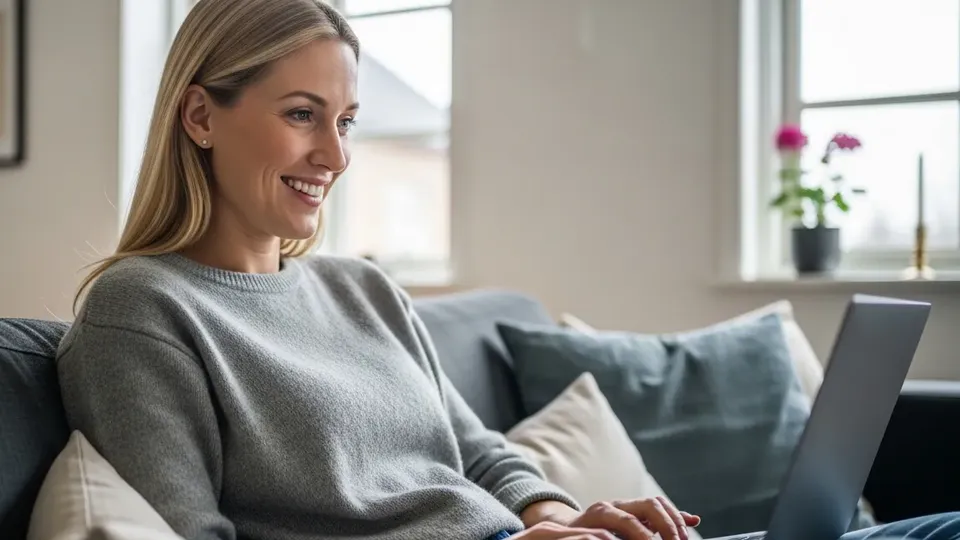 Kvinde smiler mens hun bruger bærbar computer på sofa.