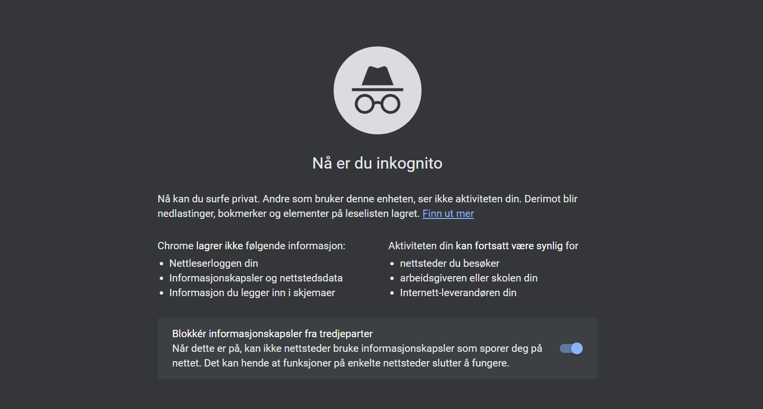 Skjermbilde av aktivert inkognitomodus i Google Chrome