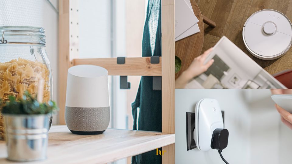 En bildecollage av en smarthøytaler, en smartplug og en robotstøvsuger