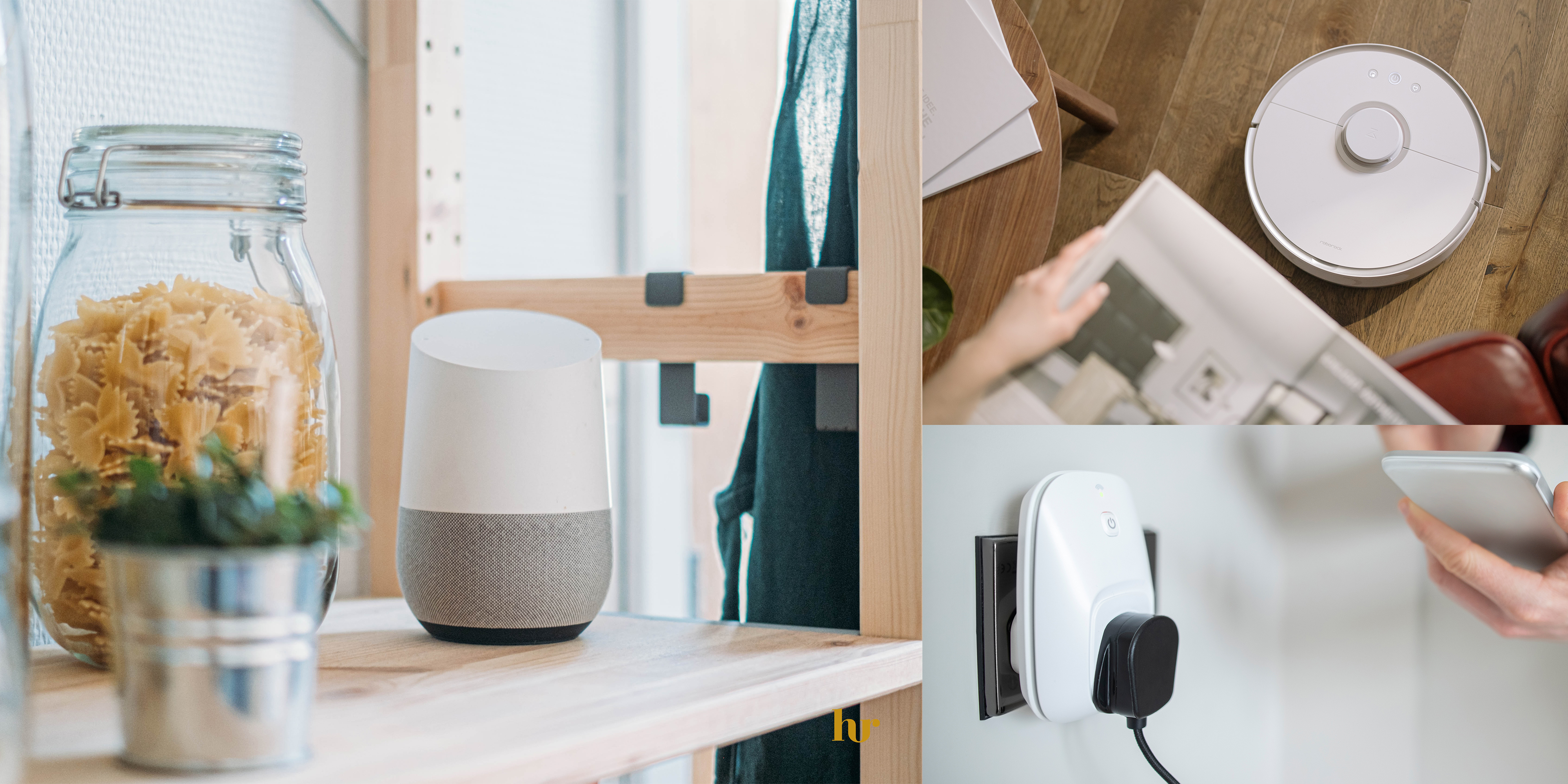 En bildecollage av en smarthøytaler, en smartplug og en robotstøvsuger
