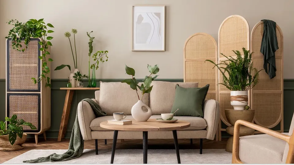 Beige soffa med grön kudde i modernt vardagsrum med växter och träinredning.