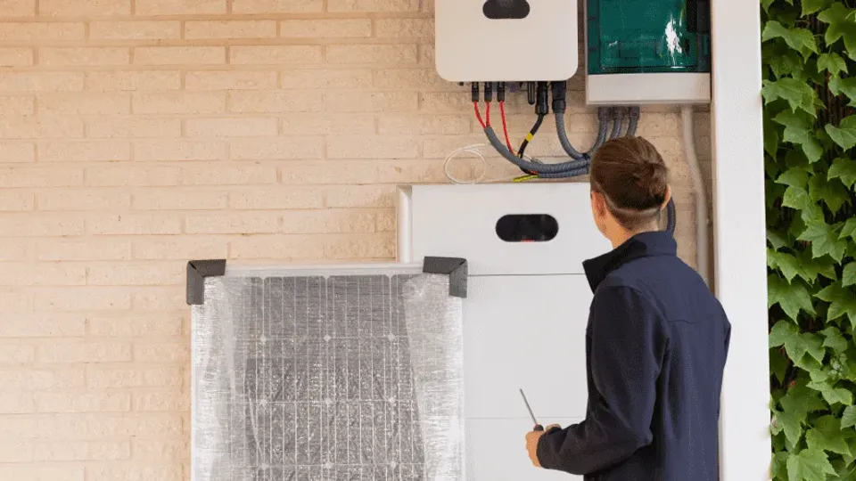 Technician inspecting solar battery storage system.