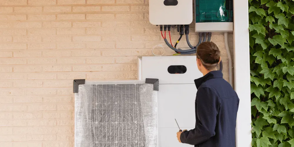 Technician inspecting solar battery storage system.