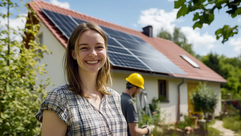 Eine lächelnde Frau steht vor einem Haus auf dessen Dach eine Solaranlage montiert wird.