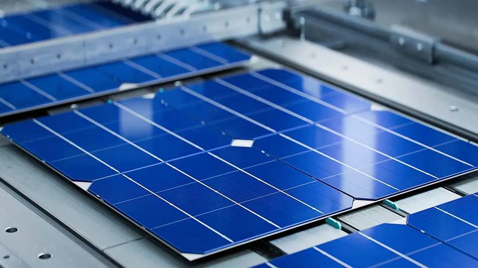 Mehrere blaue Solarpanels auf einem weißen Montagerahmen angeordnet.