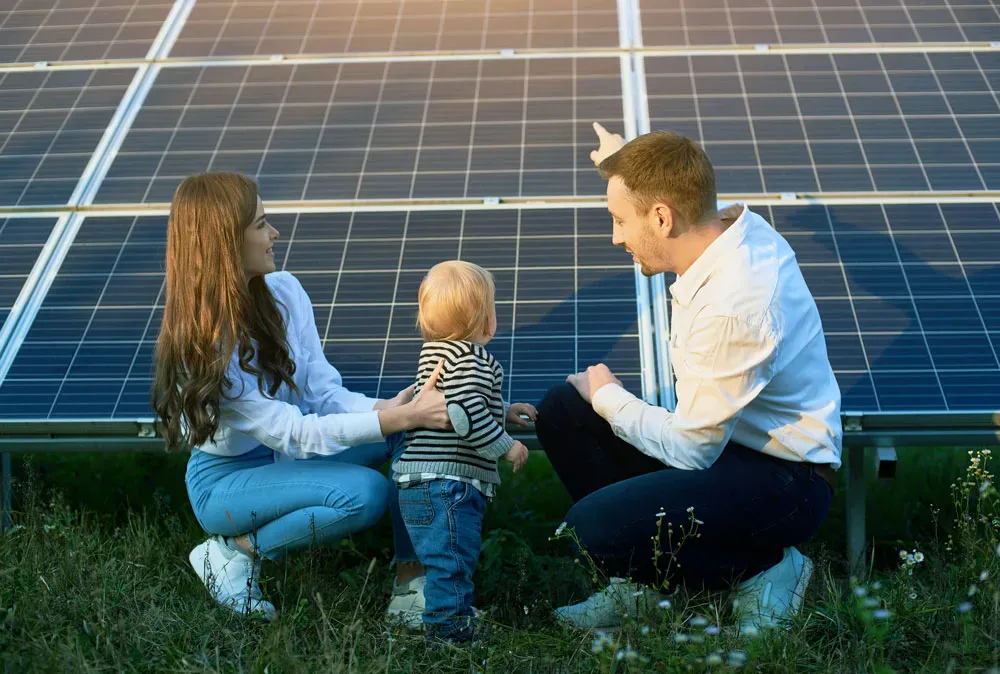 Familie med småbarn knælende foran solpaneler.