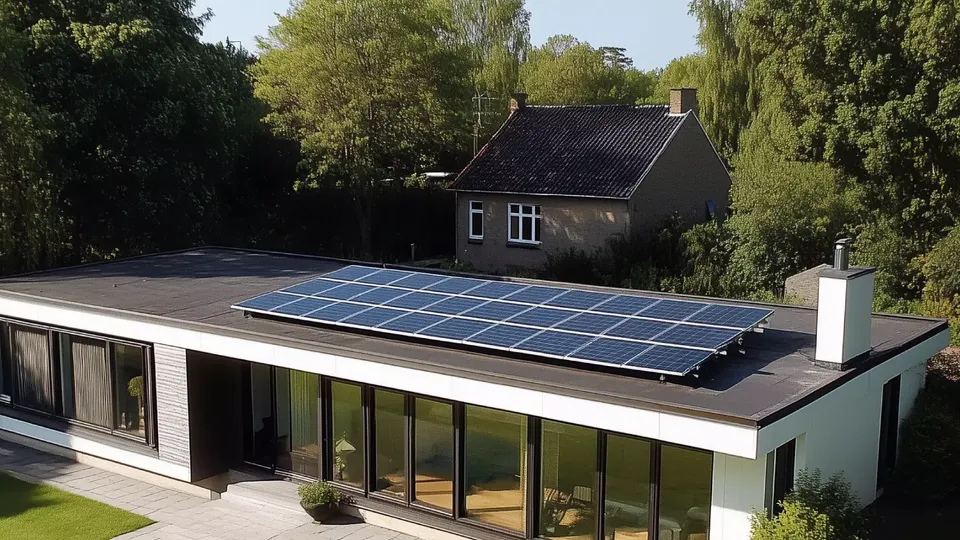 Solceller installeret på et dansk hus med fladt tag
