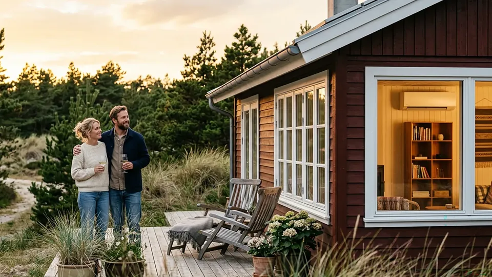 Par står uden for et sommerhus med oplyst interiør synligt gennem vinduerne.