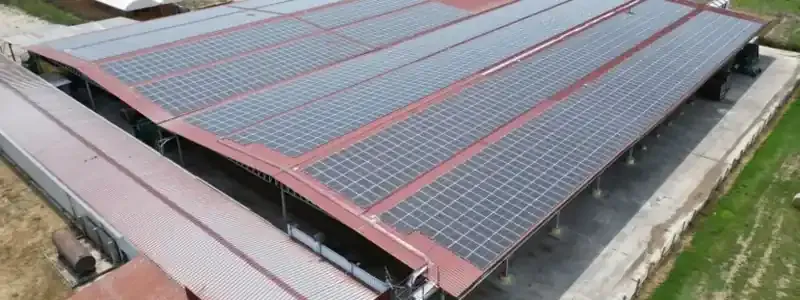 Vista aerea dei grandi tetti di un edificio agricolo coperti da file di pannelli solari.