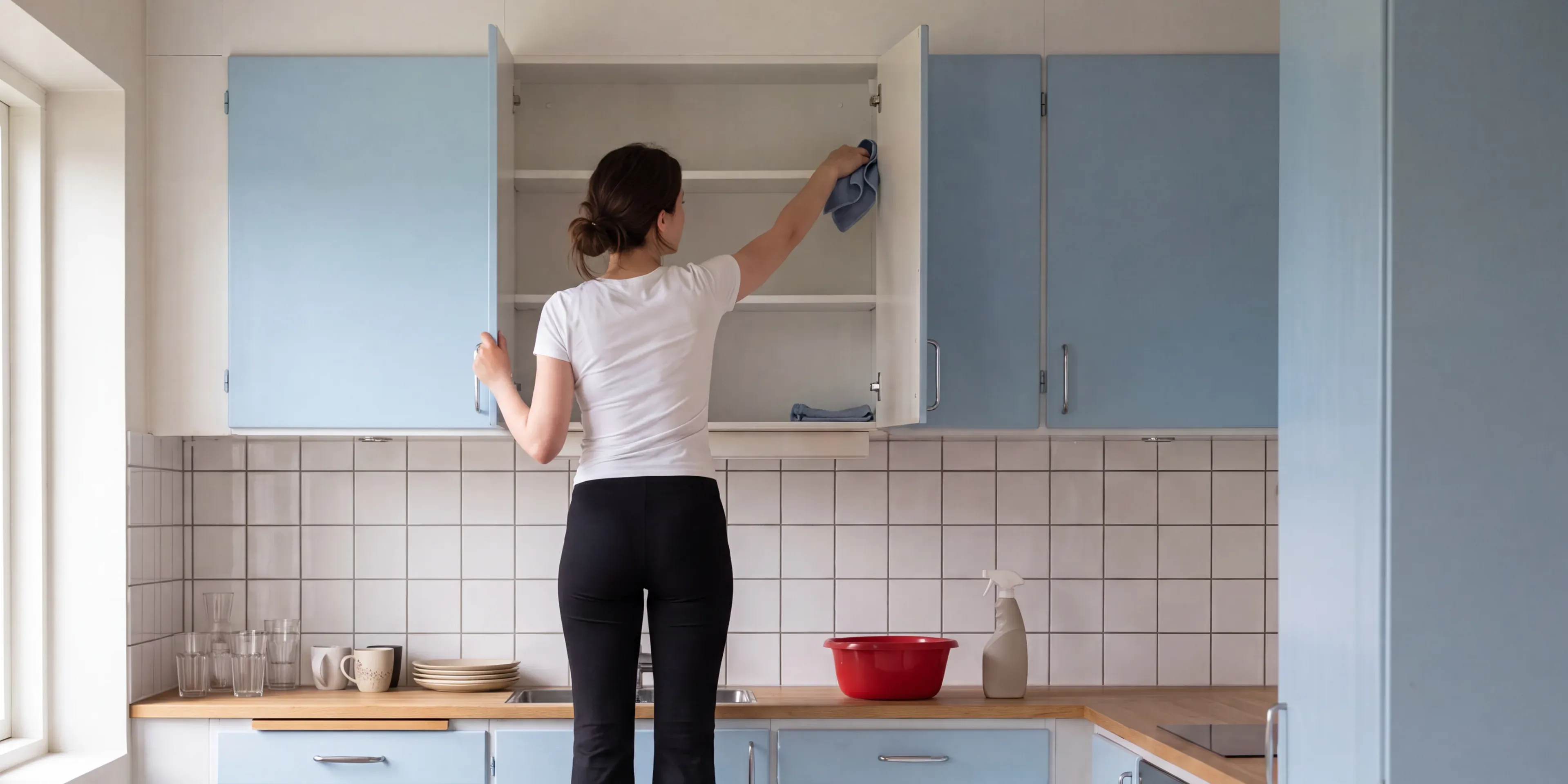 Kvinna sträcker sig in i öppet köksskåp för att torka inuti köksskåpet.