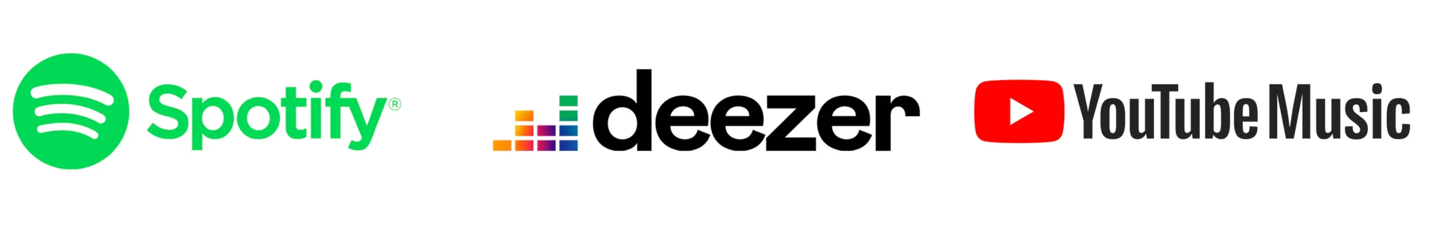 Logos de los servicios de streaming Spotify, Deezer y YouTube Music.