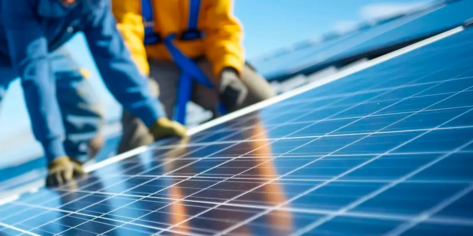 Trabajador instalando panel solar en azotea.