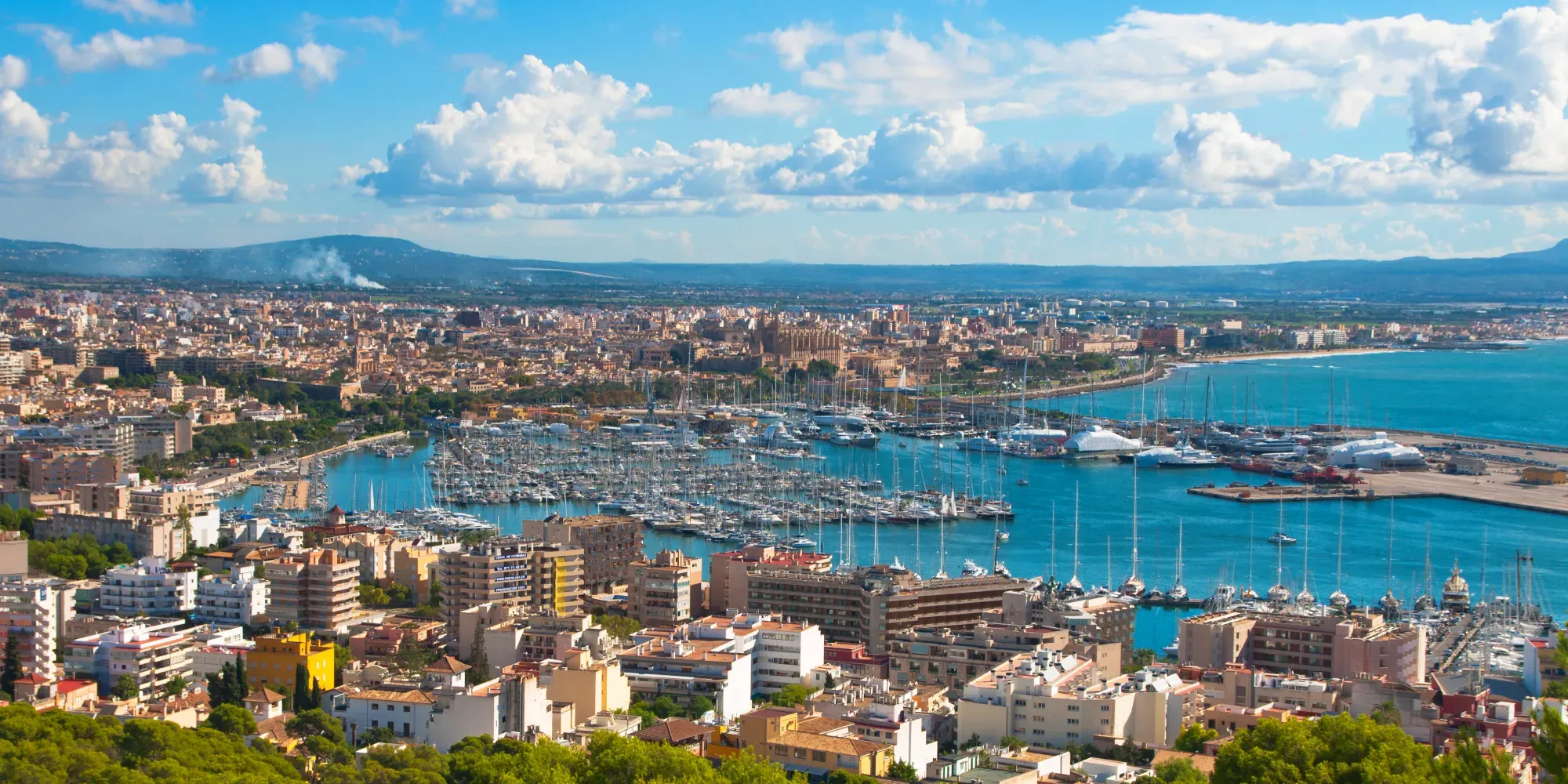 Vista aérea de Palma de Mallorca con puerto lleno de veleros y costa mediterránea.
