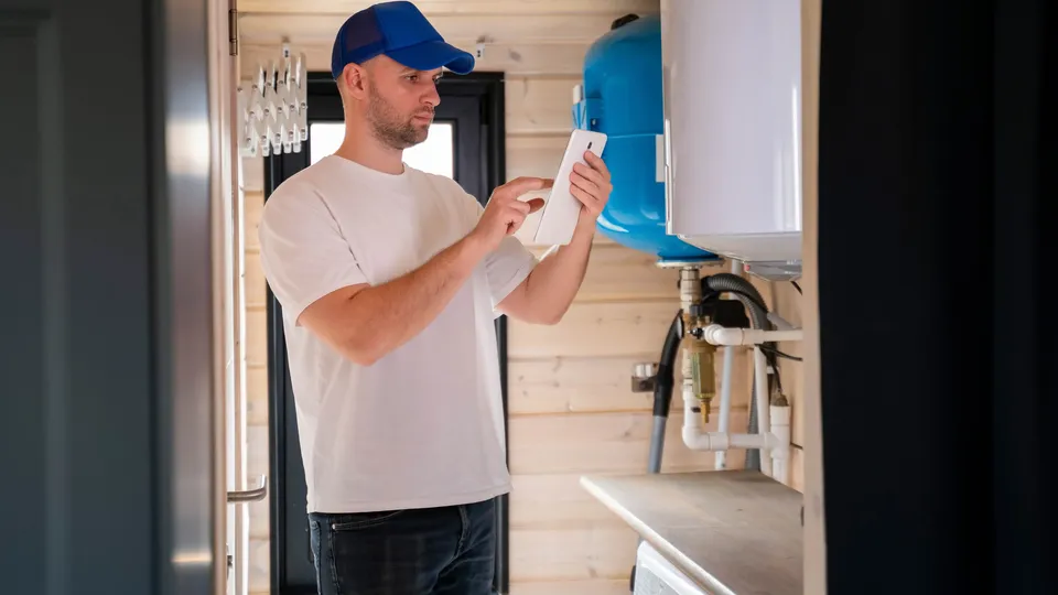 Takstingeniør inspiserer og dokumenterer tekniske installasjoner i en bolig.
