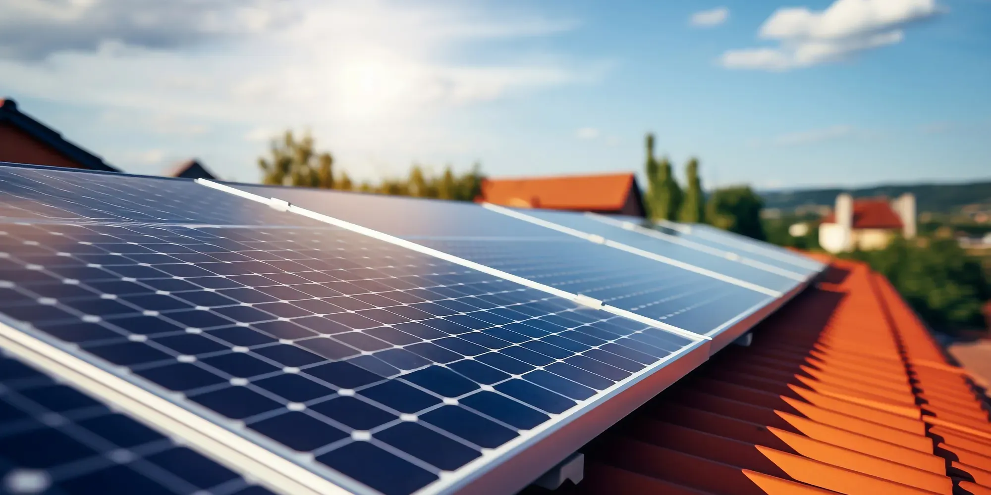 Paneles solares instalados en un tejado de tejas rojas con casas rurales al fondo.