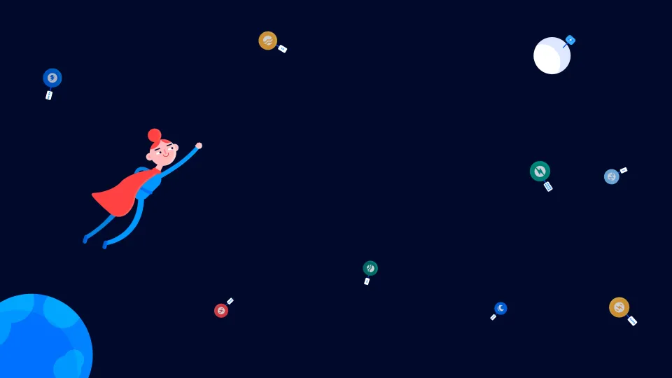 Superhero figure flying upward surrounded by icons