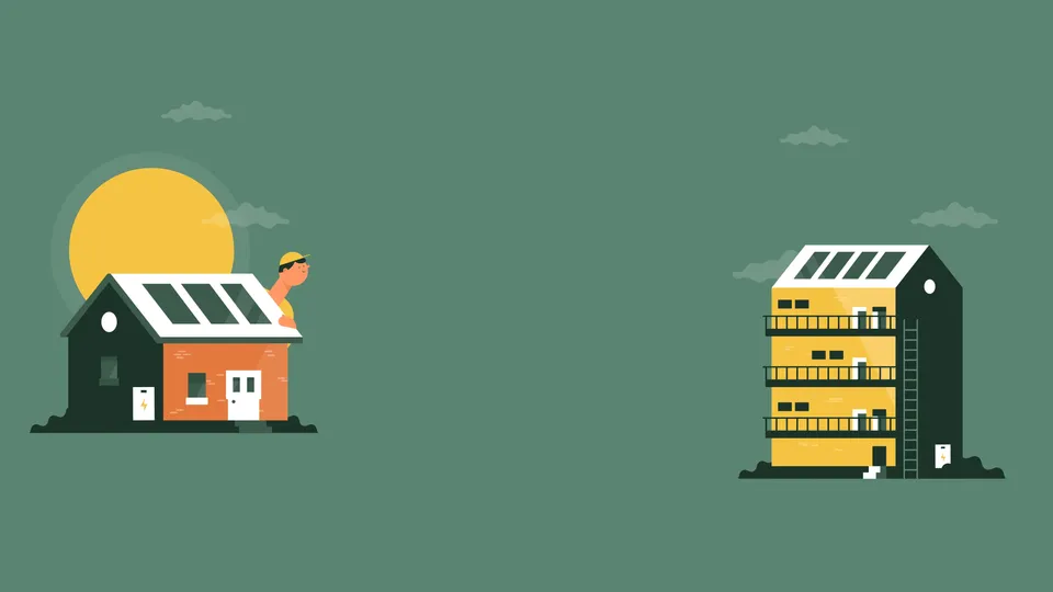 Illustration of two houses with batteries and a supplier looking for more installation jobs