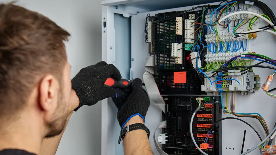 Elektriker i sorte hansker arbeider med ledninger i elektrisk kontrollskap.