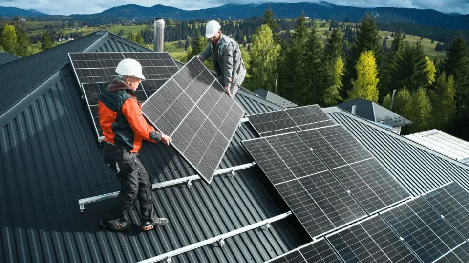 Two workers installing solar panels on a metal roof - Monocrystalline, Polycrystalline and Thin-film
