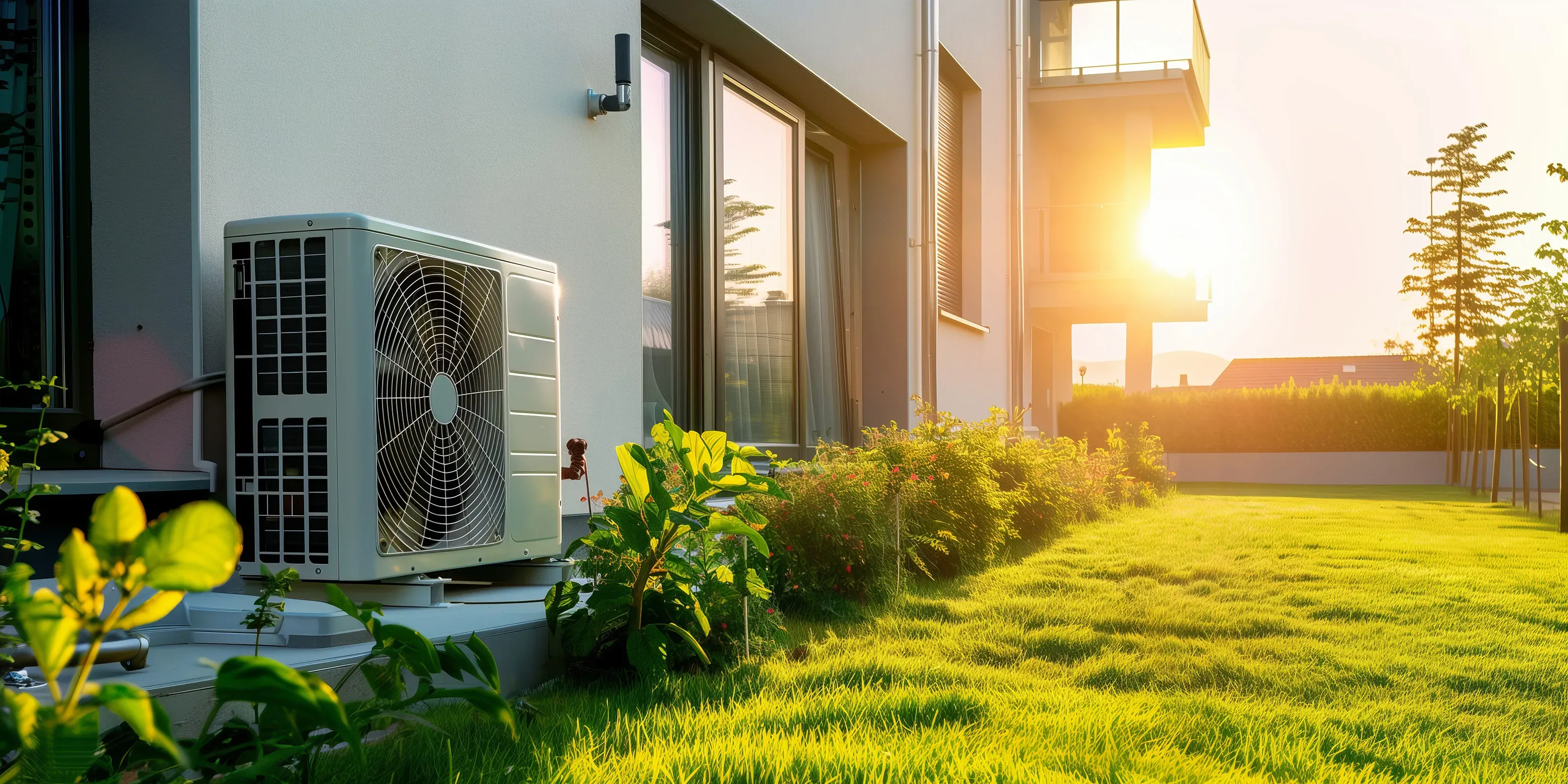 Unità pompa di calore installata all'esterno di una casa moderna al tramonto.