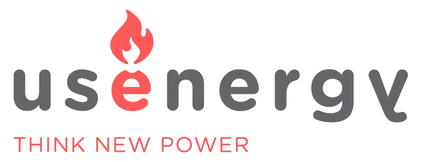 Logo Usenergy com ícone de chama e slogan Think New Power.