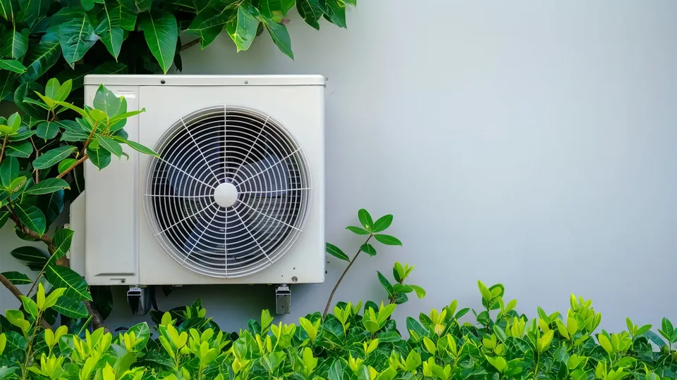 Hvid varmepumpe monteret på væg med grønne planter omkring.
