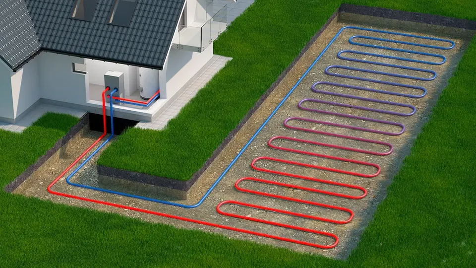 Animation af jordvarme-kabler begravet i en privat have med forbindelse til huset.