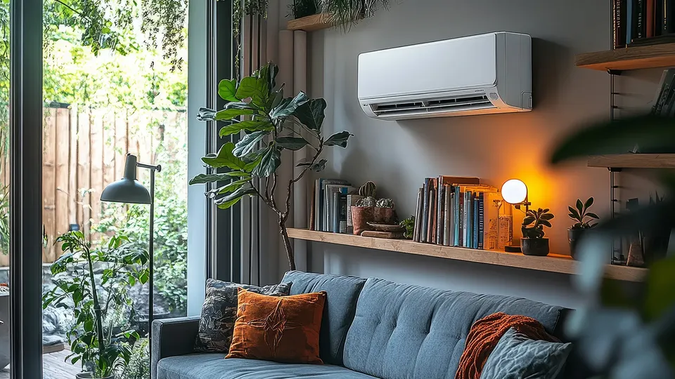 Bilde av innedelen til en varmepumpe over en sofa.
