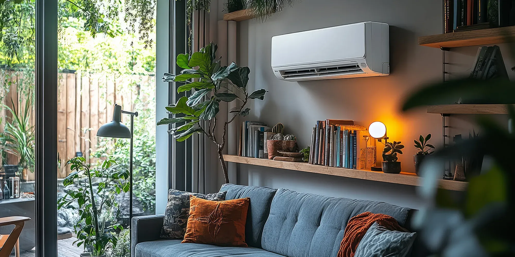 Bilde av innedelen til en varmepumpe over en sofa.