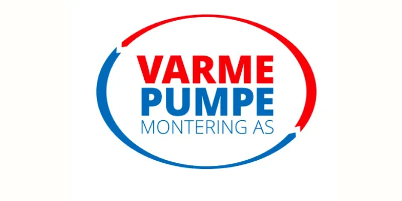 Varme Pumpe Montering AS logo med rødt og blått sirkulært design.