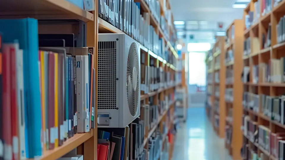 Bookshelfs with a lot of books and a heat pump sticking out og the shelfs