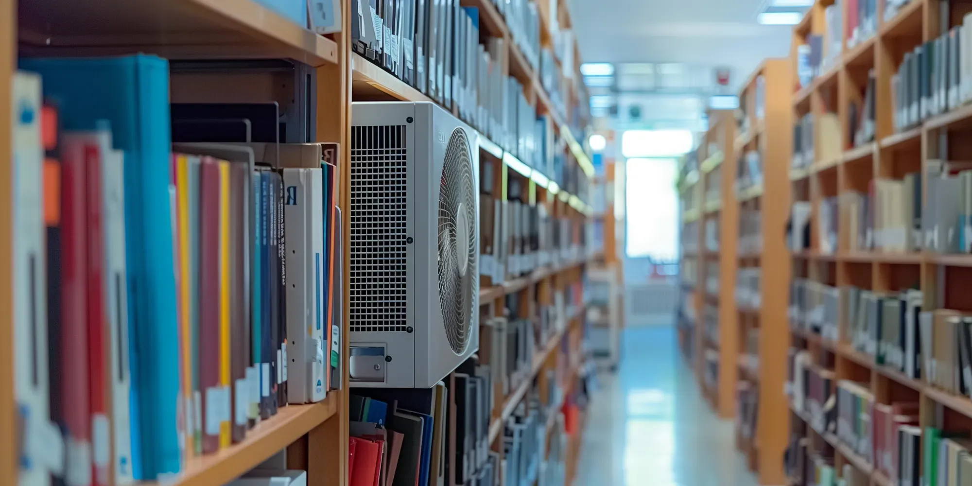 Bookshelfs with a lot of books and a heat pump sticking out og the shelfs