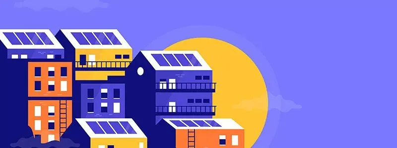 Illustrierte Gebäude mit Solarmodulen auf den Dächern und vor einer großen aufgehenden Sonne.